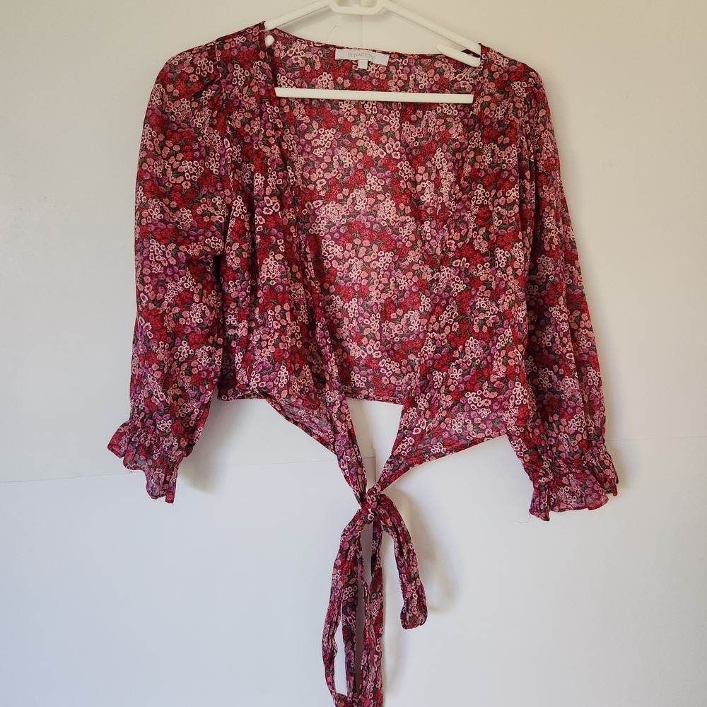 Oliveaceous Red Floral Tie Front Crop Top Blouse Long Sleeve‎ Size Small